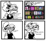 annoyed anthro arm_markings artist_name barney_and_friends barney_the_dinosaur breasts caseoh clothing comic deltarune dialogue electronics english_text eye_through_hair female frown google hair hair_over_eyes headphones livestream markings mik3hawk mocking monochrome parody pbs reptile round_context_6370 scalie shirt solo susie_(deltarune) talking_to_another tank_top text tied_hair topwear translucent translucent_hair undertale_(series) unimpressed