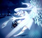  2girls animal_ears armor_gigas black_bodystocking blue_eyes bodystocking boots clenched_teeth dress faceless faceless_female floating_hair glyph high_ponytail highres holding holding_sword holding_weapon long_hair looking_at_viewer lying multiple_girls myrtenaster night night_sky on_back outdoors ponytail protecting rabbit_ears rabbit_girl rwby scar scar_across_eye scar_on_face sky snowflakes summoning sword teeth v-shaped_eyebrows velvet_scarlatina very_long_hair weapon weiss_schnee white_boots white_dress yaya_(y8ay8a) 