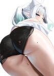  1girl ahoge ass ass_focus black_shorts blue_eyes blunt_bangs blurry blush closed_mouth commentary depth_of_field from_below ghost_hair_ornament gradient_hair green_hair hair_intakes highres indie_virtual_youtuber looking_at_viewer looking_down mint_fantome mint_fantome_(minto_2.0) mole mole_on_ass mole_on_thigh multicolored_hair multiple_moles pants pointy_ears ponytail redi_(rasec_asdjh) shirt short_shorts shorts side_ponytail simple_background solo symbol-only_commentary torn_clothes torn_pants torn_shorts triangular_headpiece virtual_youtuber white_background white_hair white_shirt 