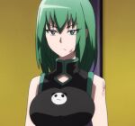  1girl anime_screenshot annoyed battle_damage breasts china_dress chinese_clothes dress green_eyes green_hair hair_down large_breasts non-web_source official_art satohiko_sano shaman_king solo straight_hair tao_jun 