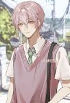 1boy alternate_costume alternate_hair_length alternate_hairstyle bag chinese_commentary closed_mouth code:_kite collared_shirt commentary_request contemporary day green_necktie hair_between_eyes highres looking_at_viewer luxingyao male_focus mole mole_under_eye necktie outdoors pink_eyes pink_hair pink_sweater_vest power_lines school_bag school_uniform shirt short_hair short_sleeves smile solo sweater_vest tree upper_body white_shirt yuan_ji_(code:_kite) 