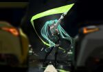  1girl absurdres aqua_eyes aqua_hair asymmetrical_bodysuit black_bodysuit black_gloves blurry blurry_background blurry_foreground bodysuit boots car covered_navel cropped_jacket flag flagpole flame_print full_body gloves goodsmile_company goodsmile_racing green_flag green_gloves hair_between_eyes hatsune_miku highres holding holding_flag holding_pole jacket long_hair long_sleeves motor_vehicle night outdoors pole race_queen race_vehicle racecar racetrack racing_miku racing_miku_(2022) recon_(54995499) road scenery single_leg_bodysuit single_thigh_boot single_thighhigh smiley_face solo spoiler_(automobile) standing text_print thigh_boots thighhighs twintails two-tone_gloves very_long_hair vocaloid white_jacket 