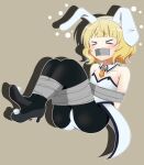  >_< animal_ears bdsm bondage bound commentary_request gag gagged gochuumon_wa_usagi_desu_ka? high_heels highres improvised_gag kirima_syaro leotard playboy_bunny rabbit_ears restrained tape tape_gag white_leotard yumeka_rorirori 