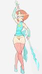  1girl absurdres blonde_hair blue_eyes blush forehead_jewel gem highres holding holding_polearm holding_weapon lance looking_to_the_side medium_hair miniskirt pearl_(gemstone) pearl_(steven_universe) pointy_nose polearm rukisan(pixiv) simple_background skirt smile solo star_(symbol) steven_universe thick_thighs thighhighs thighs weapon white_background wide_hips 