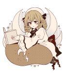  1girl :< balloon black_bow black_bowtie blonde_hair book bow bowtie brown_eyes closed_mouth commentary_request dress drill_hair fairy_wings hat highres holding holding_book long_sleeves luna_child medium_hair mozukuzu_(manukedori) reading solo touhou white_dress white_hat wide_sleeves wings 