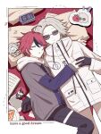  2boys ahoge animalization aotsuki_eito black_gloves black_pants black_streaks blue_jacket book border breast_pocket character_doll chinese_commentary clock closed_eyes commentary_request digital_clock doll drawstring drooling food foodification gloves grey_hair grey_jacket head_on_pillow highres hood hoodie jacket jacket_over_hoodie lying male_focus mouth_drool multicolored_hair multicolored_jacket multiple_boys octopus on_back on_side outside_border pants pillow plate pocket qiming_zhende_hao_nan red_hair sandwich short_hair sleeping_together smile streaked_hair sumino_takumi sunglasses the_hundred_line_-last_defense_academy- tomato two-tone_jacket white_border white_hoodie white_jacket white_pants yaoi zzz 