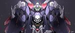  absurdres commentary cosmo-5 crossbone_gundam crossbone_gundam_x-1 crossbone_gundam_x-1_full_cloth crossbone_vanguard glowing glowing_eyes green_eyes gundam highres looking_at_viewer mecha mecha_focus mobile_suit no_humans robot science_fiction signature skull_and_crossbones solo upper_body v-fin 