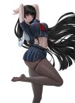  1girl absurdres arms_up black_hair black_serafuku black_shirt black_skirt breasts chisa_(wuthering_waves) closed_mouth commentary feet fingernails from_side grey_pantyhose highres large_breasts long_hair looking_at_viewer looking_to_the_side miniskirt mole mole_under_eye nail_polish navel neckerchief no_shoes pantyhose pink_eyes pink_nails red_neckerchief sailor_collar school_uniform serafuku shirt skindentation skirt soles solo stomach thigh_strap thighs toes variant_set very_long_hair white_sailor_collar wuthering_waves yuzuriha_(pixiv_14248010) 