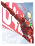  1boy abs absurdres alien blue_sky border character_name cloud cloudy_sky color_timer colored_skin commentary cropped_torso dorsal_fin english_text from_side giant giant_male glowing glowing_eyes green_star highres ks_(minusks) large_pectorals looking_ahead male_focus multicolored_skin muscular muscular_male outstretched_arm pectorals red_background red_skin ribs sky solo standing star_(symbol) the_ultraman_(anime) tokusatsu two-tone_skin ultra_series ultraman_joneus white_border white_skin yellow_eyes 