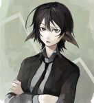  1girl animal_ears black_eyes black_hair black_necktie black_suit commentary crossed_arms english_commentary grey_background hair_between_eyes highres medium_hair necktie open_mouth original raised_eyebrow solo suit upper_body yonq98 