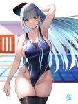  1girl arm_behind_head arm_up armpits bangs bare_shoulders beret black_legwear blue_swimsuit blunt_bangs blush breasts cleavage closed_mouth collarbone covered_navel facial_mark girls_frontline green_eyes hat highres hk416_(girls_frontline) large_breasts long_hair looking_at_viewer oekakizuki one-piece_swimsuit pool silver_hair smile swimsuit thighhighs thighs 