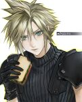  1boy 3_3lecho absurdres aqua_eyes armor black_gloves blonde_hair chewing cloud_strife eating final_fantasy final_fantasy_vii final_fantasy_vii_rebirth final_fantasy_vii_remake food gloves hair_between_eyes highres holding holding_food holding_sandwich male_focus pauldrons sandwich short_hair shoulder_armor single_pauldron sleeveless sleeveless_turtleneck solo spiked_hair suspenders turtleneck upper_body white_background 