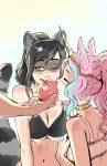  2girls animal_ears apple bangs bare_arms bare_shoulders bikini black_bikini black_hair blue_hair blush breast_press breasts choker cleavage closed_eyes collarbone commentary cornelia_(d-rex) d-rex eating food from_side fruit gold green_eyes highres holding holding_food holding_fruit horns horse_ears long_hair multicolored_hair multiple_girls navel one_eye_closed original pink_hair ponytail raccoon_ears raccoon_girl raccoon_tail shared_food swimsuit tail two-tone_hair upper_body 