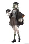  1girl :d bag bellows_camera black_coat black_hat black_shoes book brown_bag brown_shorts buttons camera camera_around_neck chinese_commentary coat collared_shirt contrast_collar cross-laced_shoes double-breasted eyewear_strap frilled_sleeves frills full_body glasses green_hair green_socks grey_vest hand_up hannah_(morimens) hat hat_ornament highres holding holding_book holding_camera holding_paper krab_(fumekrab) legwear_garter long_sleeves looking_at_viewer looking_to_the_side medium_hair morimens neck_ribbon newsboy_cap official_art open_clothes open_coat paper pen pen_behind_ear pinstripe_pattern pinstripe_shorts pinstripe_socks red_ribbon ribbon round_eyewear satchel shirt shoes shorts shoulder_bag simple_background smile socks solo standing striped_clothes striped_shorts striped_socks teeth upper_teeth_only vest watermark wavy_hair weibo_watermark white_background white_shirt wide_sleeves 