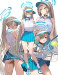  1girl absurdly_long_hair absurdres alternate_hairstyle ass asuna_(blue_archive) ball blonde_hair blue_archive blue_eyes blue_halo blue_skirt breasts choker grin hair_over_one_eye halo hidis0086 highres holding holding_tennis_racket large_breasts long_hair looking_at_viewer panties pleated_skirt ponytail racket shirt shoes skirt sleeveless sleeveless_shirt smile sportswear tennis_ball tennis_racket tennis_uniform thighs underwear very_long_hair visor_cap white_panties white_shirt white_shoes 