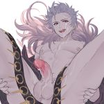  1boy alter_ego_malevolent_(granblue_fantasy) come_hither cum ejaculation english_commentary feather_boa gran_(granblue_fantasy) granblue_fantasy lalatia-meai licking_lips looking_at_viewer male_focus nipples nude pale_skin red_eyes smile solo spread_legs tongue tongue_out white_hair 