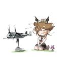  2girls aircraft airplane animal_on_head breasts brown_hair closed_eyes commentary_request dog fairy_(kantai_collection) gloves hairband headgear kantai_collection large_breasts midriff miniskirt multiple_girls mutsu_(kantai_collection) on_head piitan2_mokotan radio_antenna seiza short_hair simple_background sitting skirt translation_request v-22_osprey white_background white_gloves 