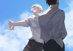  2boys black_hair black_pants blue_eyes blue_sky cloud cloudy_sky collared_shirt eyewear_on_head getou_suguru gojou_satoru hair_between_eyes hair_bun hand_in_pocket highres jujutsu_kaisen male_focus multiple_boys pants parted_lips plug_(piercing) shirt short_hair sky sleeves_rolled_up stretching sunglasses upper_body white_hair white_shirt yunnnnny 