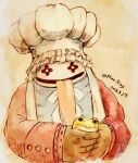  1other animal bib bow brown_gloves chef_hat coat colored_skin dated final_fantasy final_fantasy_ix gloves hat highres holding holding_animal holding_frog komugiko_no_mori long_sleeves painting_(medium) pink_coat quina_quen smile sweatdrop tongue tongue_out traditional_media twitter_username upper_body watercolor_(medium) white_bow white_hat white_skin 