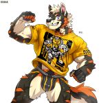 1:1 2025 5_fingers anthro artist_name biped black_body black_clothing black_fur black_inner_ear_fluff black_jockstrap black_nose black_pubes black_tail black_underwear blue_eyes bulge canid canine canis cheek_tuft clothed clothed_anthro clothed_male clothing digital_media_(artwork) eyebrows facial_tuft fingers flexing flexing_bicep fur glistening glistening_eyes hi_res inner_ear_fluff jockstrap kumak71395 looking_at_viewer male male_anthro mammal multicolored_body multicolored_eyebrows multicolored_fur multicolored_tail muscular muscular_anthro muscular_male orange_body orange_eyebrows orange_fur orange_tail pantsless pantsless_anthro pantsless_male pattern_clothing pattern_underwear pink_inner_ear print_clothing print_shirt print_t-shirt print_topwear pubes shirt simple_background smile solo striped_body striped_clothing striped_fur striped_jockstrap striped_underwear stripes t-shirt tail teeth text topwear tuft underwear white_background white_body white_clothing white_eyebrows white_fur white_jockstrap white_tail white_underwear wolf yellow_clothing yellow_jockstrap yellow_shirt yellow_t-shirt yellow_topwear yellow_underwear