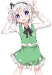  1girl absurdres arms_up bangs black_neckwear blue_eyes blush bright_pupils commentary_request cropped_legs eyebrows_visible_through_hair green_skirt green_vest hair_ribbon hands_in_hair highres hiro_(pqtks113) holding holding_hair konpaku_youmu leaning_to_the_side long_sleeves looking_at_viewer neck_ribbon open_mouth partial_commentary petticoat ribbon shirt short_hair simple_background skirt solo standing touhou vest white_background white_hair white_pupils white_shirt 