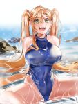  1girl :d ag-1_nereid arm_support bangs blue_swimsuit blush breasts cameltoe collarbone covered_navel eyebrows_visible_through_hair eyes_visible_through_hair green_eyes highleg highleg_swimsuit highres large_breasts last_origin long_hair looking_at_viewer ocean one-piece_swimsuit open_mouth orange_hair parted_bangs reflection sitting smile solo spread_legs swimsuit torpedo_(gad3757) twintails very_long_hair wet 