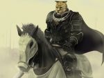  1boy armor black_armor black_cape cape clenched_hand gauntlets guin guin_saga holding holding_weapon horseback_riding leopard outdoors reins riding saddle taru_neko weapon white_background yellow_eyes 