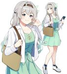  1girl absurdres alternate_costume bag blush breasts cleavage closed_mouth collarbone dress erushira firefly_(honkai:_star_rail) full_body gradient_hair green_dress green_hair grey_hair highres holding holding_phone honkai:_star_rail honkai_(series) jacket long_hair looking_at_viewer medium_breasts multicolored_hair parted_lips phone pink_eyes shoulder_bag simple_background smile white_background white_jacket 