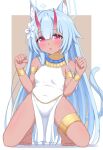  1girl :o alternate_skin_color ancient_egyptian animal_ear_fluff animal_ears bare_arms bare_legs bare_shoulders barefoot blue_archive blue_halo breasts cat_ears cat_girl cat_tail chise_(blue_archive) dark-skinned_female dark_skin dress full_body halo highres horns if_you_want_to_become_a_godly_artist_(trend) long_hair open_mouth pelvic_curtain purple_eyes skin-covered_horns sleeveless sleeveless_dress small_breasts solo tail thighs very_long_hair white_dress yamichi_(yamichi8369) 