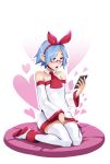  1girl absurdres ascot bare_shoulders blue_hair breasts commentary d-rex detached_sleeves disgaea dress glasses heart heart_print highres holding holding_phone long_sleeves masturbation multicolored multicolored_clothes multicolored_dress multicolored_sleeves open_mouth phone pleinair pointy_ears red_dress red_eyes red_sleeves semi-rimless_eyewear shoes short_hair small_breasts solo thighhighs white_dress white_footwear white_legwear white_sleeves zettai_ryouiki 