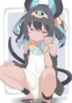  1girl ancient_egyptian animal_ears bare_legs bare_shoulders black_hair brown_eyes cat_tail closed_mouth dark-skinned_female dark_skin dress highres k_u_y_o_u looking_at_viewer simple_background solo tail thighs white_dress 