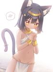  1girl ancient_egyptian ancient_egyptian_clothes animal_ear_fluff animal_ears bare_arms bare_legs bare_shoulders black_hair black_tail cat_ears cat_girl cat_tail closed_mouth cowboy_shot dark-skinned_female dark_skin flat_chest gold_hairband hair_between_eyes hairband if_you_want_to_become_a_godly_artist_(trend) momose_kumino navel own_hands_together pelvic_curtain simple_background solo stomach tail tail_ornament tail_ring thighs white_background white_pelvic_curtain yellow_eyes 