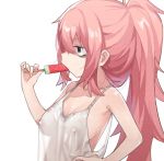  1girl bangs bare_hips breasts camisole covered_nipples eating food from_side fruit hand_on_hip highres long_hair muchi_maro original pink_hair ponytail popsicle see-through_silhouette sideboob sidelocks simple_background sleeveless solo sucking tank_top upper_body watermelon watermelon_bar white_background white_tank_top 