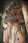  1girl ancient_egyptian animal_ears black_hair blonde_hair breasts cat_ears cat_girl cat_tail commentary_request crop_top dark-skinned_female dark_skin gold_armlet green_eyes highres if_you_want_to_become_a_godly_artist_(trend) jewelry kokono_ka long_hair looking_at_viewer multicolored_hair multiple_rings navel original pelvic_curtain ring scepter small_breasts solo tail two-tone_hair 