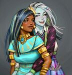  1girl 1other adelheid_(moschiola) ancient_egyptian aquiline_nose black_eyeliner black_hair blue_eyes blue_hair blue_skin blush chain cleo_de_nile colored_skin dark-skinned_female dark_skin earrings eyebrow_piercing eyelashes eyeliner eyeshadow face_piercing frankie_stein gold_armlet green_eyes hair_ornament hairclip heterochromia highres jewelry lightning_bolt_symbol lip_piercing lip_ring lips long_hair makeup monster_girl monster_high monster_high_(g3) multicolored_hair nose open_mouth other_with_female parted_lips piercing pink_lips realistic scar scar_on_face smile stitched_face stitched_neck stitches streaked_hair teeth white_hair 