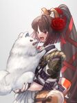  1girl animal animal_ears breasts brown_hair cavall_ii_(fate) checkered_clothes checkered_kimono clenched_teeth commentary_request dog dog_ears dog_girl dog_tail fate/grand_order fate_(series) floral_print flower from_side grey_kimono hair_ornament highres japanese_clothes kimono kyokutei_bakin_(fate) kyokutei_bakin_(first_ascension)_(fate) long_hair looking_at_animal nail_polish open_mouth peony_(flower) peony_print red_eyes red_nails revision ribbon samoyed_(dog) sharp_teeth shoori_(migiha) solo sweat tail takeuchi_takashi_(style) teeth very_long_hair white_dog wide_sleeves 