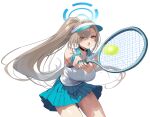  1girl absurdres alternate_costume alternate_hairstyle asuna_(blue_archive) ball blue_archive blue_halo commentary_request hair_over_one_eye halo hidis0086 highres holding holding_tennis_racket long_hair ponytail racket solo sportswear tennis tennis_ball tennis_racket tennis_skirt tennis_uniform visor_cap white_background 