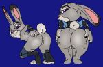  2018 anthro armor blue_background bracelet breasts butt claws clitoris clothing digital_drawing_(artwork) digital_media_(artwork) disney female fur gauntlets genitals gloves grey_body grey_fur half_naked hand_on_butt handwear hi_res jewelry judy_hopps knee_pads lagomorph leporid long_ears looking_at_viewer mammal multicolored_body multicolored_fur nude otaconxix presenting presenting_hindquarters presenting_pussy purple_eyes pussy rabbit simple_background small_breasts solo toeless_legwear white_body white_fur zootopia 