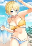  1girl absurdres arm_up bangs beach bikini blonde_hair blue_bikini blue_eyes blue_sky braid breasts closed_mouth cloud cloudy_sky commentary darjeeling_(girls_und_panzer) day eyebrows_visible_through_hair girls_und_panzer girls_und_panzer_senshadou_daisakusen! highres holding jewelry leaning_to_the_side looking_at_viewer medium_breasts mismatched_bikini multi-strapped_bikini navel necklace ocean orange_bikini outdoors palm_tree short_hair skindentation sky smile solo standing swimsuit tied_hair touma_(tsunamiharuru) tree 