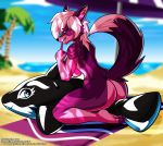  absurd_res anthro artofthediscipline beach butt canid canine canis cetacean delphinoid female fur hi_res inflatable looking_at_viewer mammal marine oceanic_dolphin orca pool_toy riding_toy seaside smile solo toothed_whale wolf 