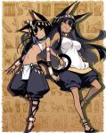  2girls absurdres ancient_egyptian ancient_egyptian_clothes animal_ears bare_shoulders black_hair black_pants breasts dark-skinned_female dark_skin full_body highres inu_majin large_breasts long_hair multiple_girls pants shorts small_breasts standing stomach very_long_hair yellow_eyes 