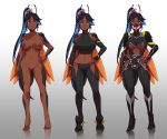  1girl antennae armor barefoot bee_girl black_hair black_pants blue_hair breasts character_sheet commentary d-rex dark_skin fangs fishnets flower full_body gloves gradient gradient_background grey_background hair_flower hair_ornament hair_over_one_eye hand_on_hip high_heels insect_girl insect_wings large_breasts long_hair long_sleeves looking_at_viewer mask medium_breasts midriff mouth_mask multicolored_hair multiple_views navel nipples nude original pants pink_flower puffy_short_sleeves puffy_sleeves pussy short_sleeves smile standing two-tone_hair underboob variations white_background wings 