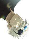  black_jacket blue_eyes colored_eyelashes eyewear_on_head gojou_satoru hair_between_eyes highres jacket jujutsu_kaisen jujutsu_tech_uniform looking_at_viewer parted_lips round_eyewear short_hair sketch spiked_hair sunglasses upper_body upside-down white_background white_hair yunnnnny 