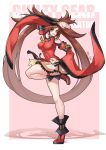  1girl absurdres arm_up breasts brown_hair chinese_clothes covered_navel covered_nipples dress guilty_gear hair_rings high_heels highres kuradoberi_jam large_breasts long_hair moonface pose red_dress red_footwear shadow shoulder_cutout smile solo standing standing_on_one_leg tassel thigh_strap two-tone_background very_long_hair wide_sleeves yellow_eyes 