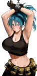  1girl armpits arms_up bakkanki bare_shoulders black_gloves black_tank_top blue_eyes blue_hair breasts chain cuffs earrings gas_can gloves handcuffs highres jewelry large_breasts leona_heidern lifting midriff military navel ponytail soldier solo sweat tank_top the_king_of_fighters the_king_of_fighters_xiii 