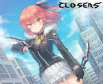  1girl blue_eyes blush bow bowtie breasts building closers cloud copyright_name dagger day g.t hair_between_eyes holding holding_dagger holding_weapon jacket long_sleeves looking_at_viewer medium_breasts outdoors pink_hair seulbi_lee skirt sky solo weapon 
