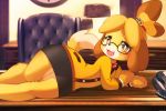  2019 3:2 4_fingers accessory ancesra animal_crossing anthro bell black_nose blonde_eyebrows blonde_hair blush brown_ears brown_eyes brown_hair button_(fastener) canid canine canis chair chibi clothed clothing cute_fangs day desk detailed_background digital_media_(artwork) digital_painting_(artwork) domestic_dog dress eyebrows eyelashes eyewear female fingers floppy_ears front_view fur furniture glasses hair hair_accessory hair_tie hi_res inside iris isabelle_(animal_crossing) legs_together light long_sleeves looking_at_viewer lying mammal multicolored_body multicolored_fur multicolored_hair narrowed_eyes nintendo nipples office office_chair on_desk on_side open_mouth open_smile orange_clothing orange_dress phone portrait pupils red_tongue shih_tzu signature smile solo three-quarter_portrait tied_hair tongue toy_dog two_tone_body two_tone_fur two_tone_hair two_tone_tail video_games white_body white_fur white_pupils white_tail yellow_body yellow_fur yellow_tail 