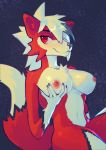  anthro big_breasts breast_grab breasts canid canine canis digital_drawing_(artwork) digital_media_(artwork) female hair hand_on_breast hi_res looking_away lycanroc mammal midnight_lycanroc nintendo nipples nude pok&eacute;mon pok&eacute;mon_(species) rainset red_body red_eyes simple_background solo video_games 