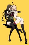  2girls alternate_costume back black_hair black_legwear blonde_hair bra brown_eyes girls_frontline highres kinbakuman kiss long_hair m4_sopmod_ii_(girls_frontline) m4a1_(girls_frontline) mechanical_arm multiple_girls no_shoes panties shorts simple_background sitting spread_legs surprise_kiss surprised thighhighs underwear yuri 