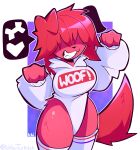 absurd_res animal_humanoid anthro black_nose blue_clothing blue_legwear blue_thigh_highs bone_symbol breasts canid canid_humanoid canine canine_humanoid canis clenched_teeth clothing dog_humanoid domestic_dog exposed_thighs female fur hair hair_over_eye heart_symbol hi_res hoodie humanoid ichbinturkisch legwear long_hair mammal mammal_humanoid raised_arms red_body red_clothing red_ears red_fur red_hair red_legwear red_tail red_thigh_highs smile solo standing stockings tail teeth teeth_showing thigh_highs topwear white_clothing white_hoodie white_legwear white_thigh_highs white_topwear writing_on_hoodie